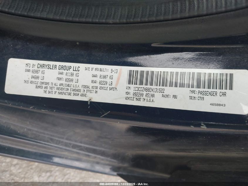 2014 Dodge Avenger Se VIN: 1C3CDZAB8EN131522 Lot: 44009366