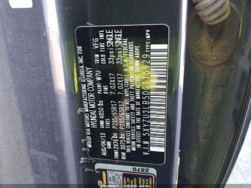 2013 Hyundai Santa Fe Sport VIN: 5XYZU3LB5DG115929 Lot: 44009371