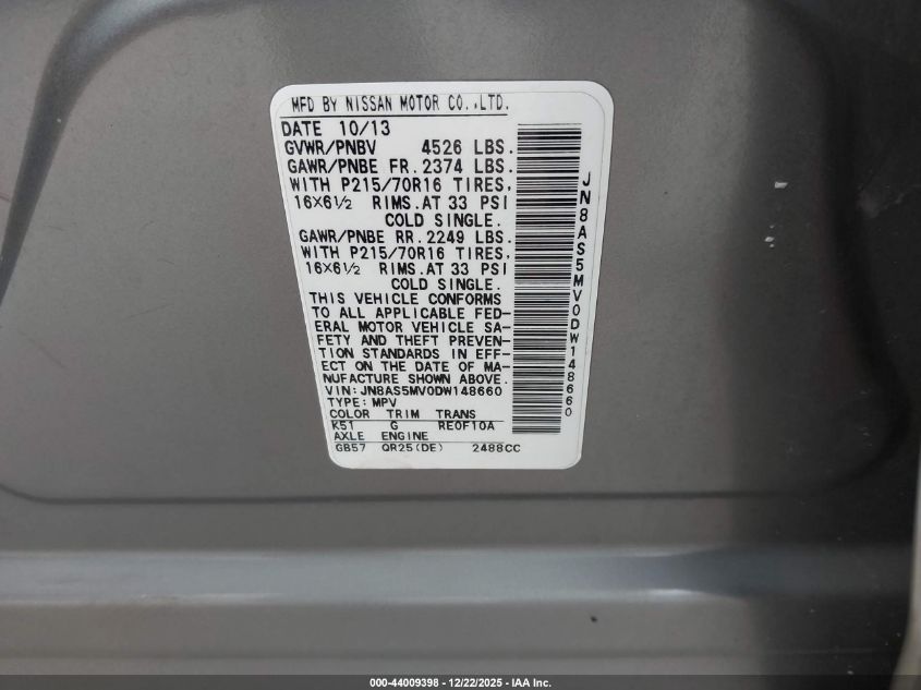 2013 Nissan Rogue S VIN: JN8AS5MV0DW148660 Lot: 44009398