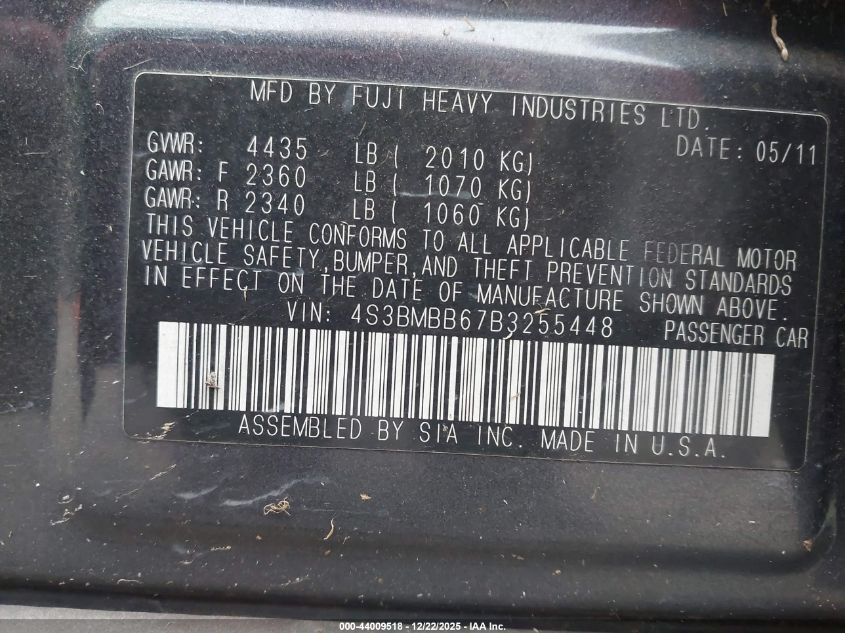 2011 Subaru Legacy 2.5I Premium VIN: 4S3BMBB67B3255448 Lot: 44009518