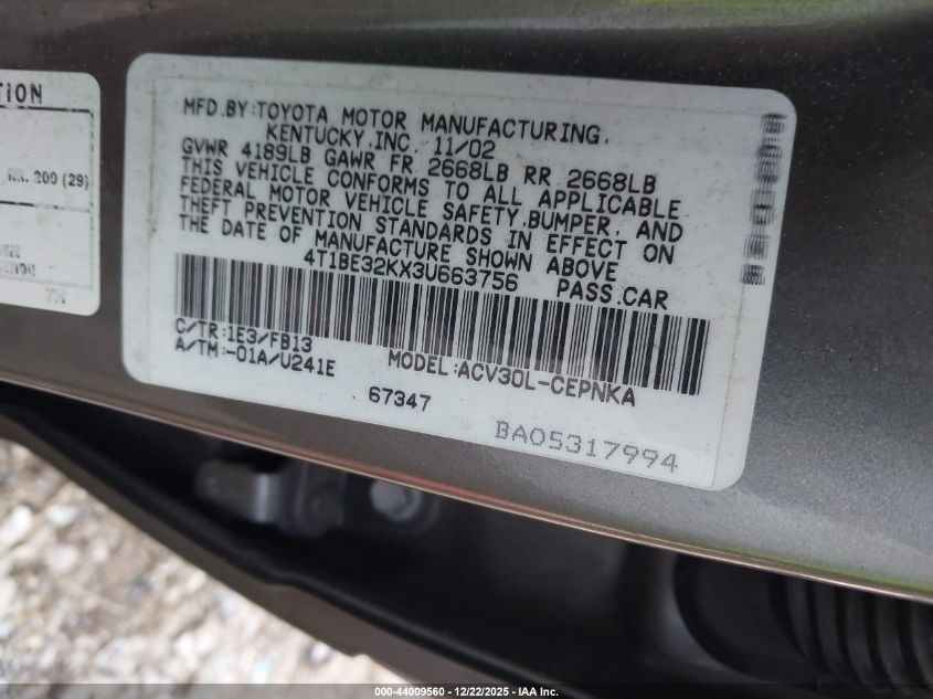 2003 Toyota Camry Le VIN: 4T1BE32KX3U663756 Lot: 44009560