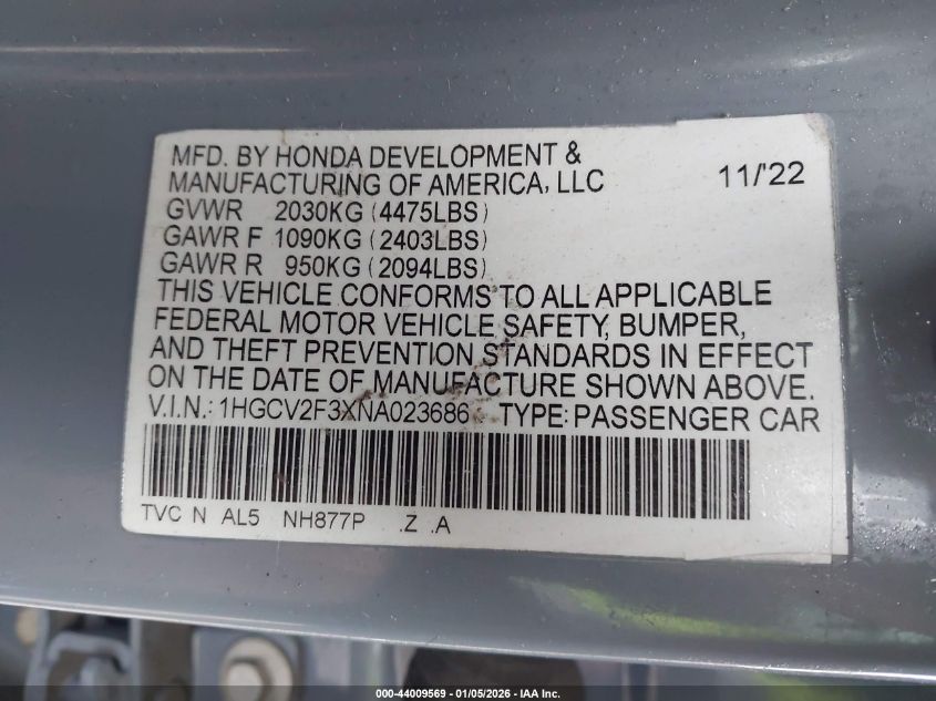 2022 Honda Accord Sport 2.0T VIN: 1HGCV2F3XNA023686 Lot: 44009569