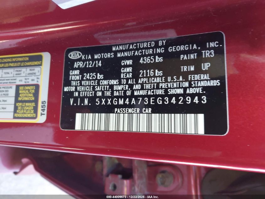 2014 Kia Optima Lx VIN: 5XXGM4A73EG342943 Lot: 44009573
