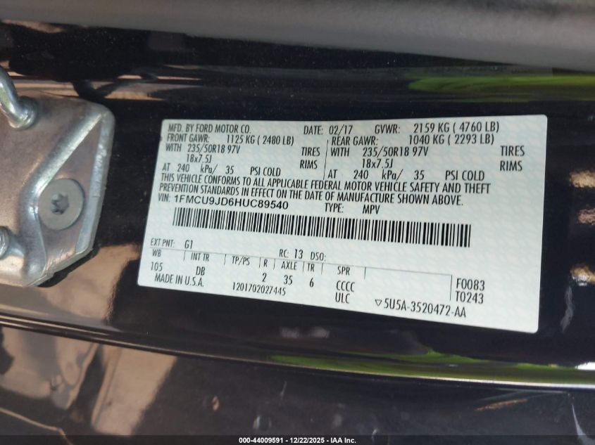 2017 Ford Escape Titanium VIN: 1FMCU9JD6HUC89540 Lot: 44009591