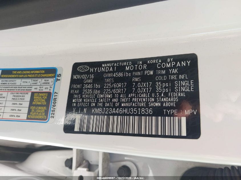 2017 Hyundai Tucson Se VIN: KM8J23A46HU351836 Lot: 44009597