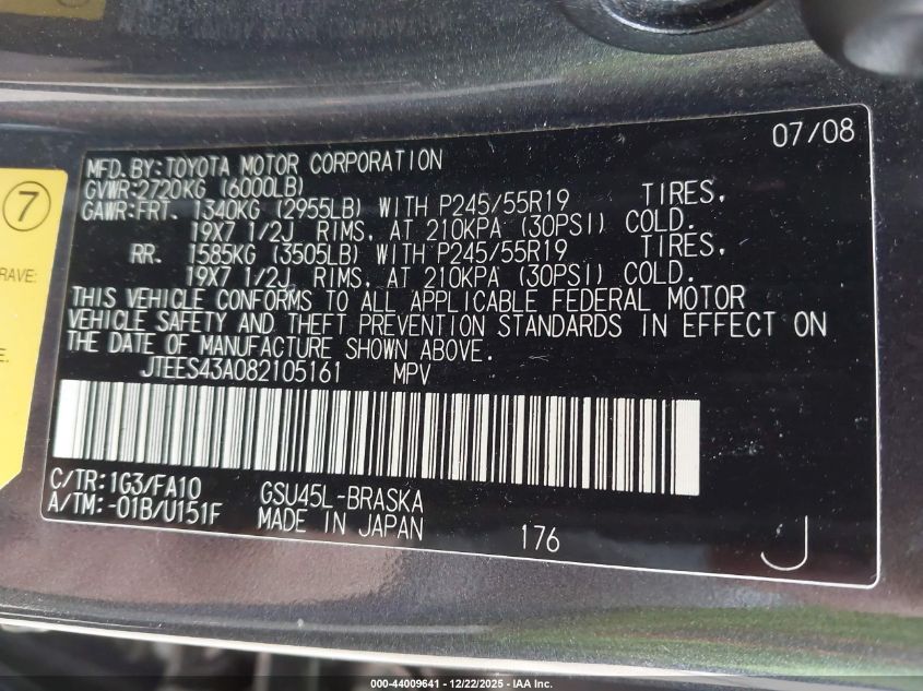 2008 Toyota Highlander Sport VIN: JTEES43A082105161 Lot: 44009641