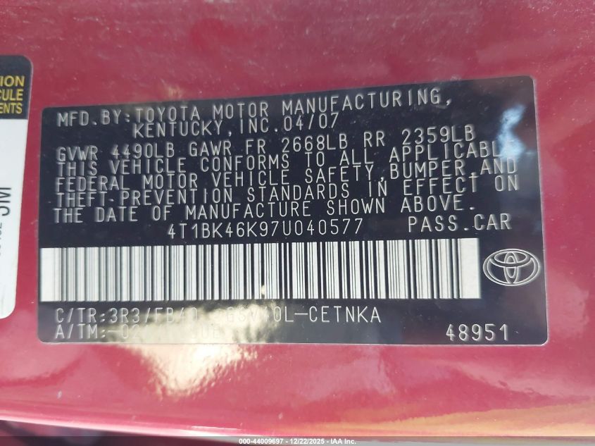 2007 Toyota Camry Le V6 VIN: 4T1BK46K97U040577 Lot: 44009697