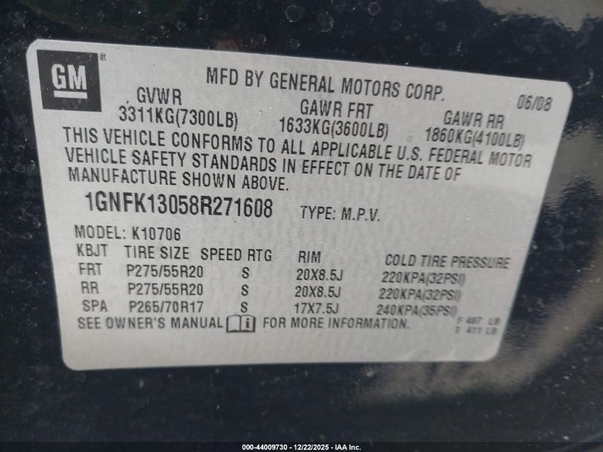 2008 Chevrolet Tahoe Ltz VIN: 1GNFK13058R271608 Lot: 44009730