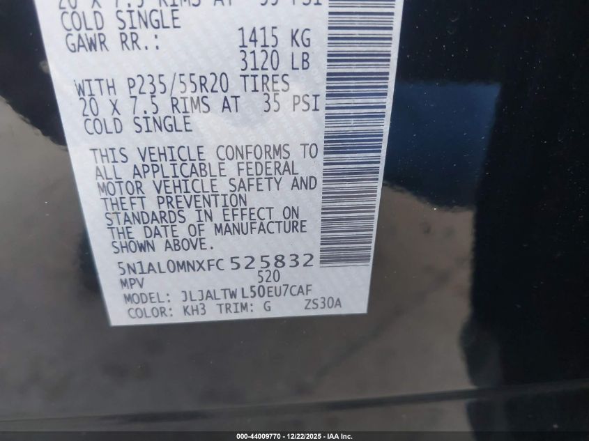 2015 Infiniti Qx60 VIN: 5N1AL0MNXFC525832 Lot: 44009770