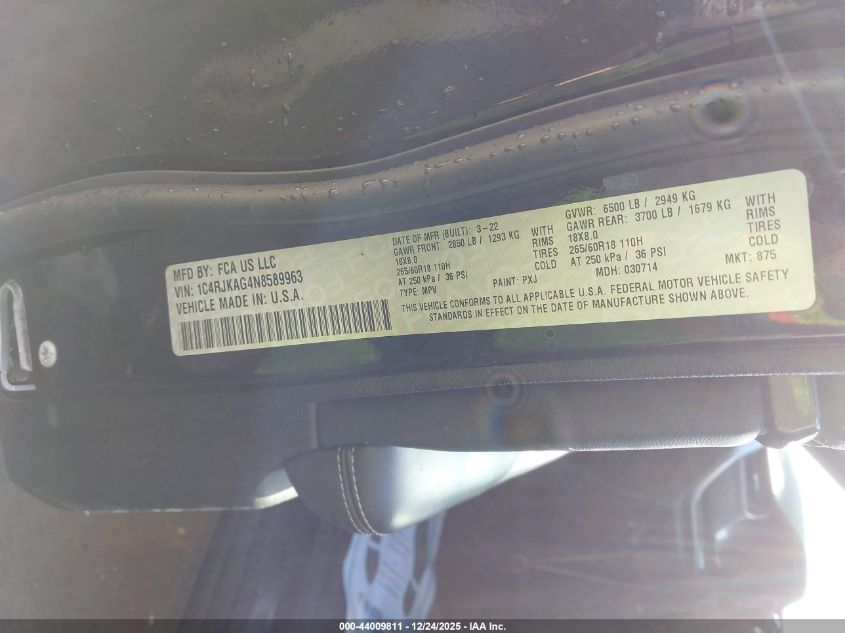 2022 Jeep Grand Cherokee L Laredo 4X4 VIN: 1C4RJKAG4N8589963 Lot: 44009811