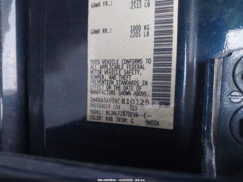 2011 Nissan Maxima 3.5 Sv VIN: 1N4AA5AP9BC810129 Lot: 44009848