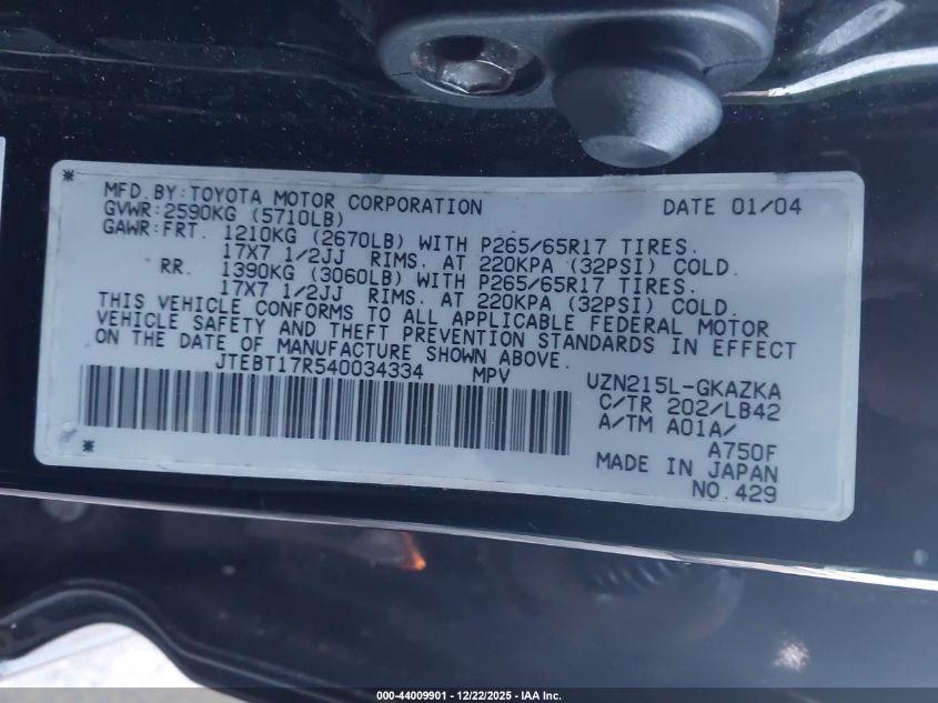 2004 Toyota 4Runner Limited V8 VIN: JTEBT17R540034334 Lot: 44009901