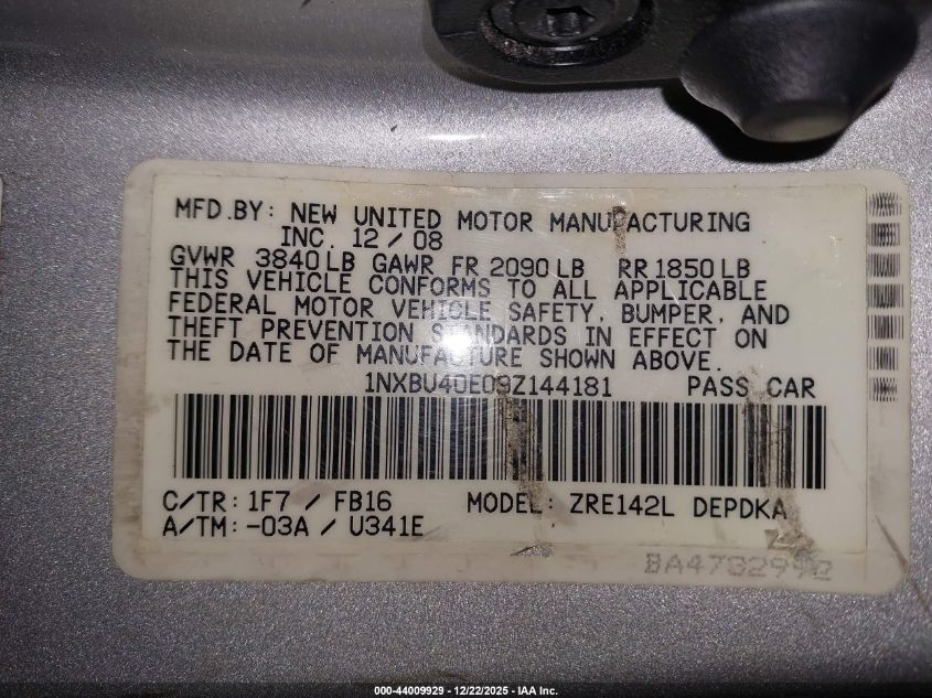 2009 Toyota Corolla Le VIN: 1NXBU40E09Z144181 Lot: 44009929