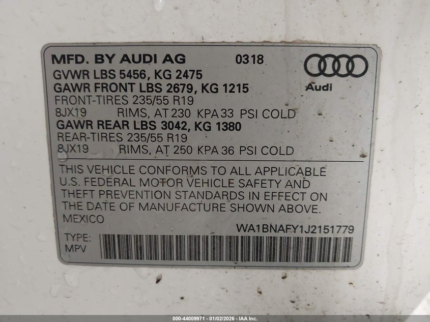 2018 Audi Q5 2.0T Premium/2.0T Tech Premium VIN: WA1BNAFY1J2151779 Lot: 44009971