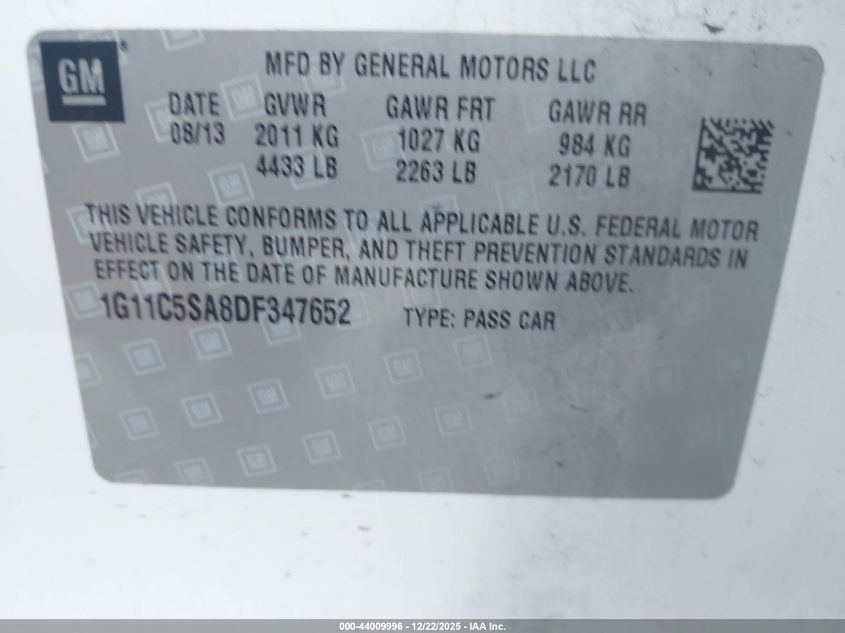 2013 Chevrolet Malibu 1Lt VIN: 1G11C5SA8DF347652 Lot: 44009996