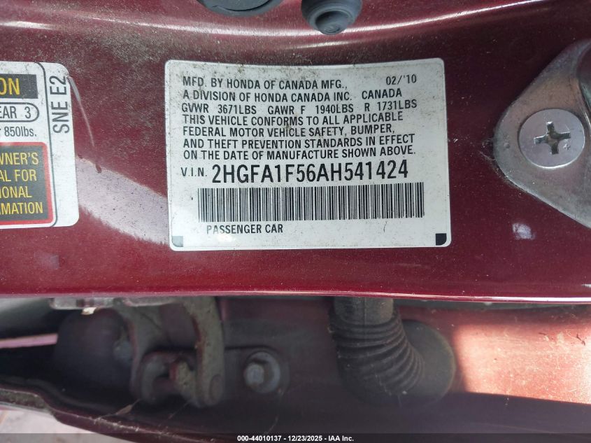 2010 Honda Civic Lx VIN: 2HGFA1F56AH541424 Lot: 44010137