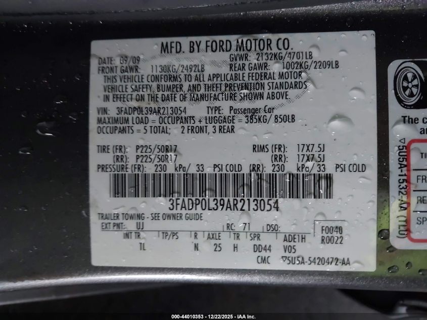 2010 Ford Fusion Hybrid VIN: 3FADP0L39AR213054 Lot: 44010353