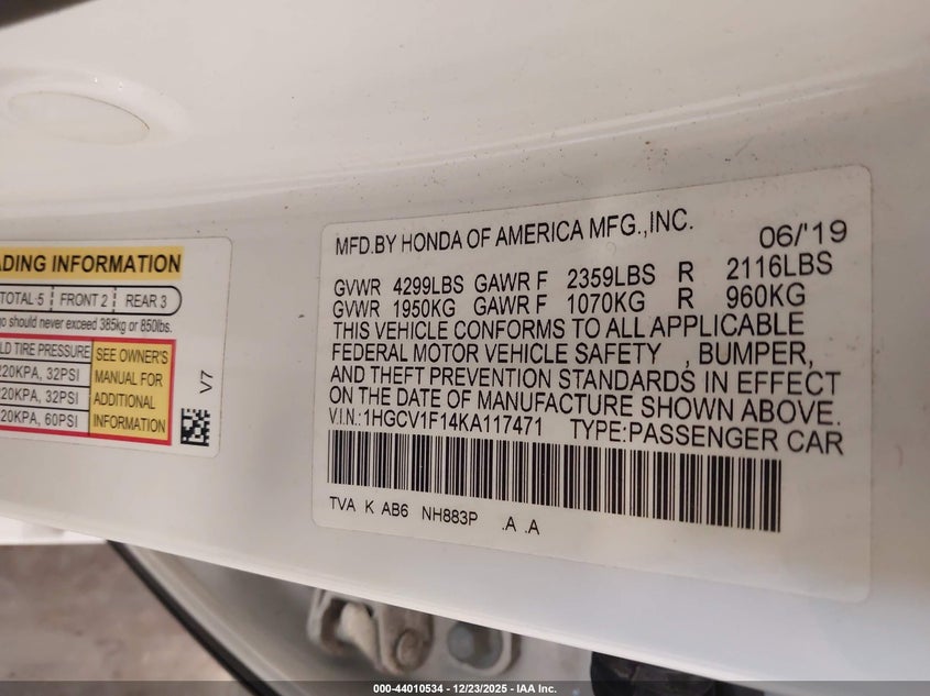 VIN 1HGCV1F14KA117471 2019 HONDA ACCORD LX