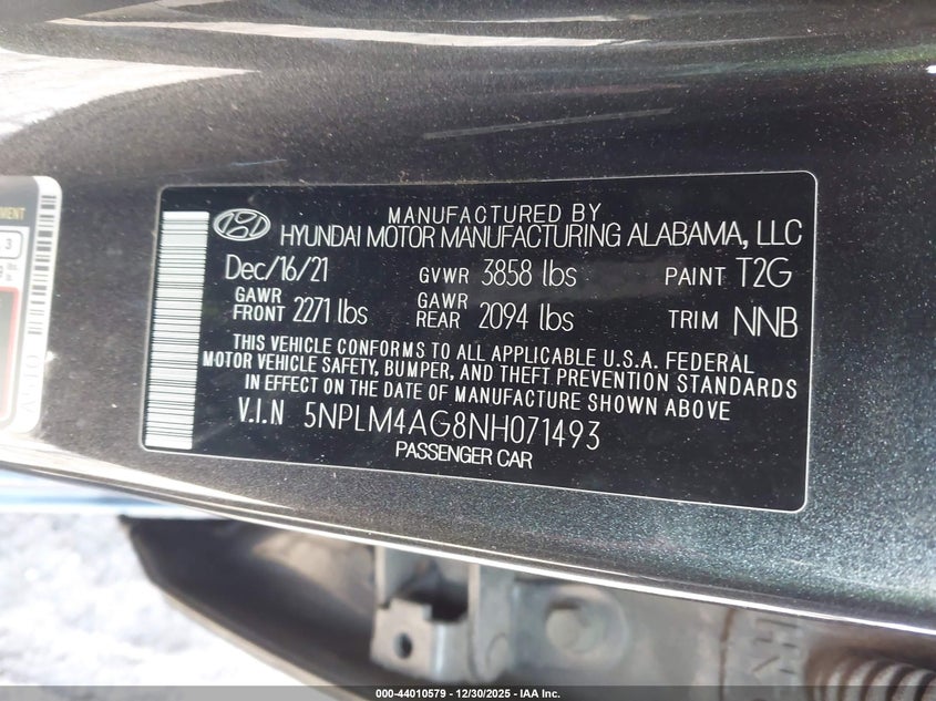 VIN 5NPLM4AG8NH071493 2022 HYUNDAI ELANTRA SEL