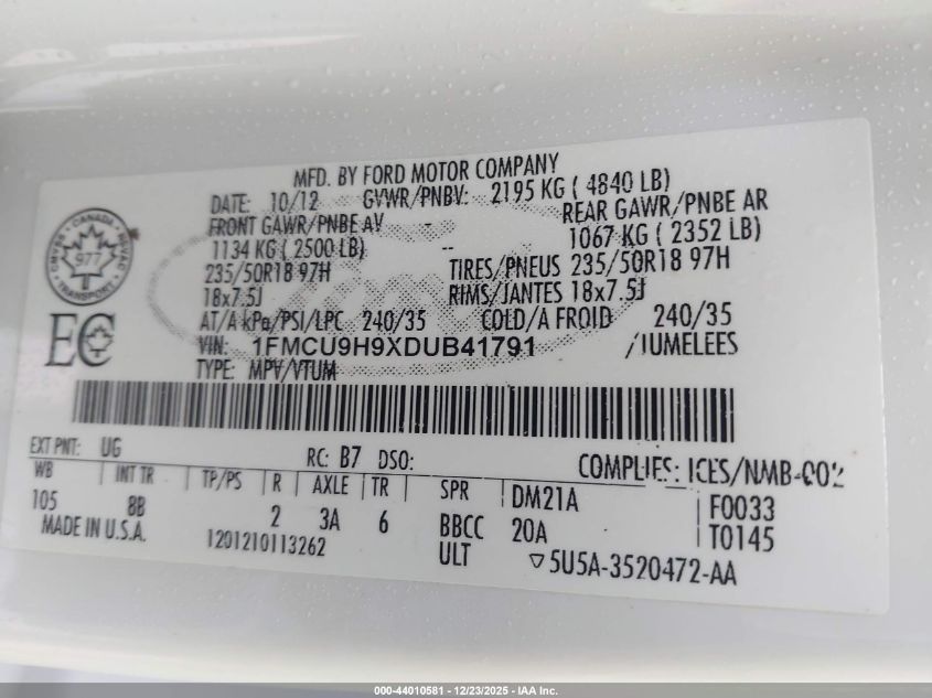 2013 Ford Escape Sel VIN: 1FMCU9H9XDUB41791 Lot: 44010581