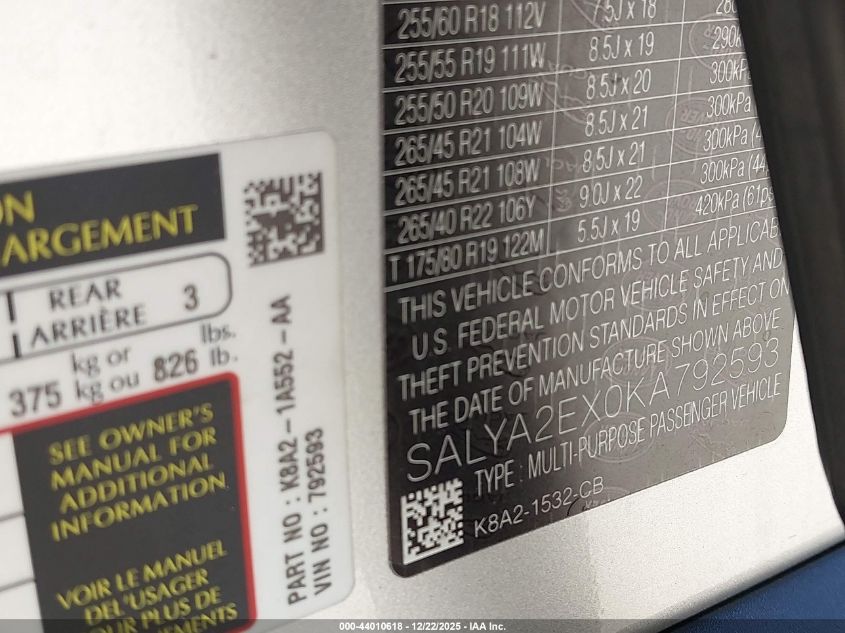 2019 Land Rover Range Rover Velar P250 VIN: SALYA2EX0KA792593 Lot: 44010618