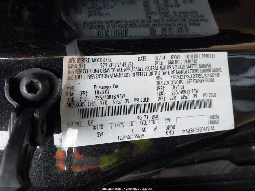 2014 Ford Focus Titanium VIN: 1FADP3J27EL374518 Lot: 44010638