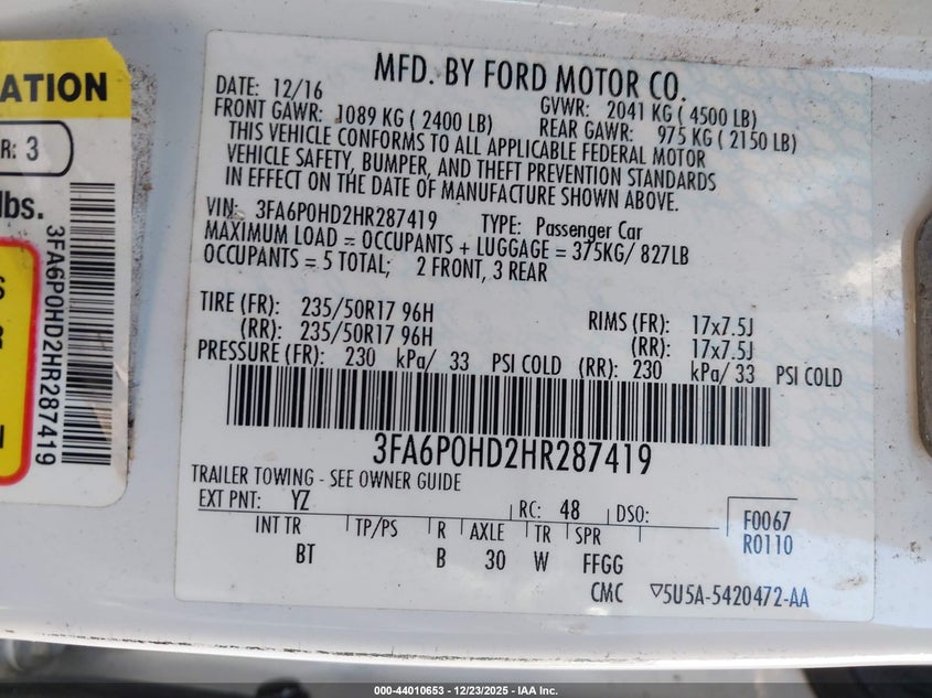 VIN 3FA6P0HD2HR287419 2017 FORD FUSION SE