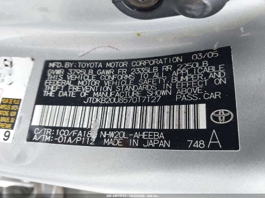 2005 Toyota Prius VIN: JTDKB20U857017127 Lot: 44010721