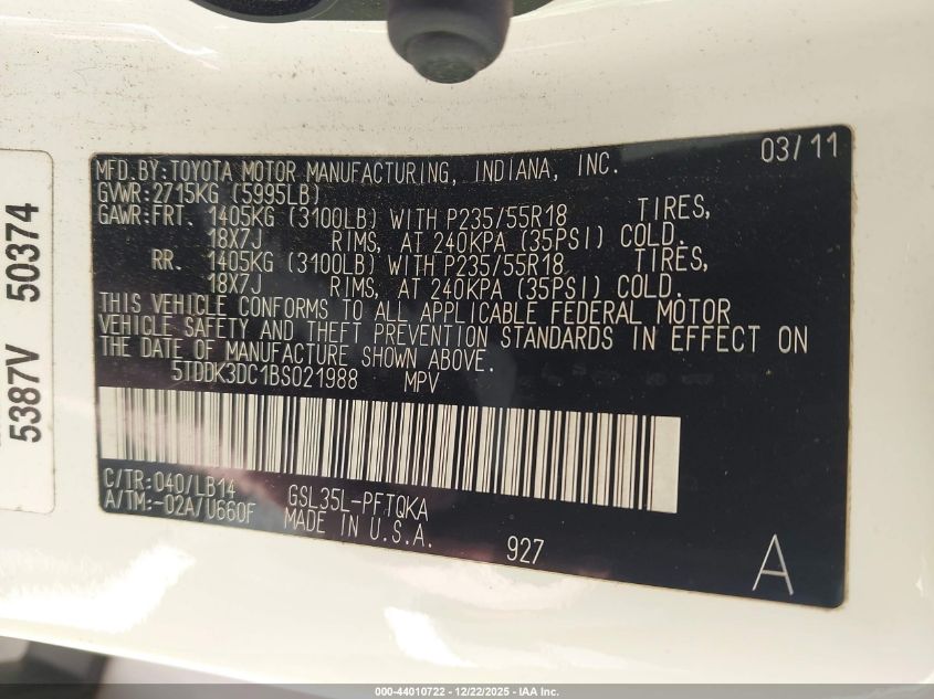 2011 Toyota Sienna Xle VIN: 5TDDK3DC1BS021988 Lot: 44010722