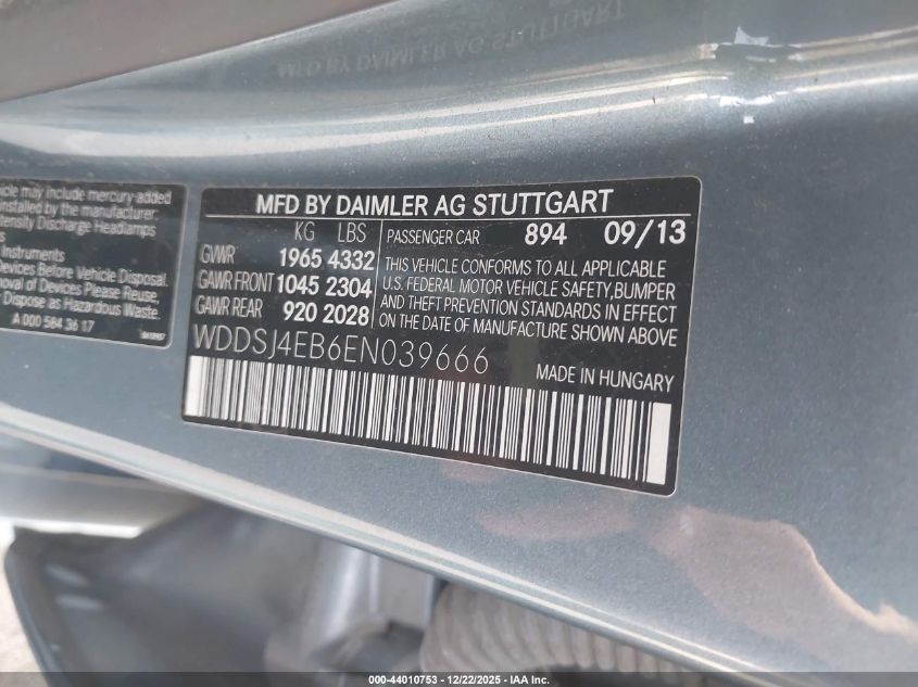 2014 Mercedes-Benz Cla 250 VIN: WDDSJ4EB6EN039666 Lot: 44010753