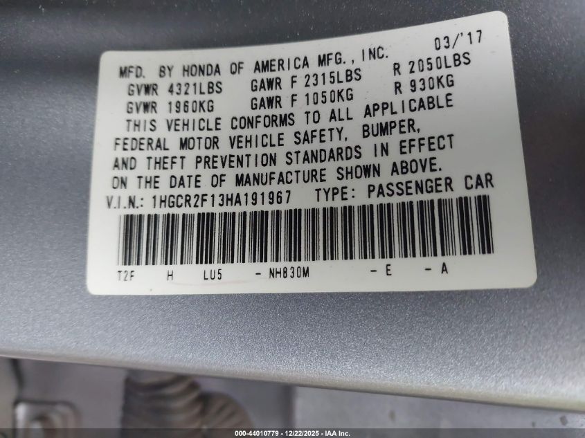 2017 Honda Accord Sport Se VIN: 1HGCR2F13HA191967 Lot: 44010779