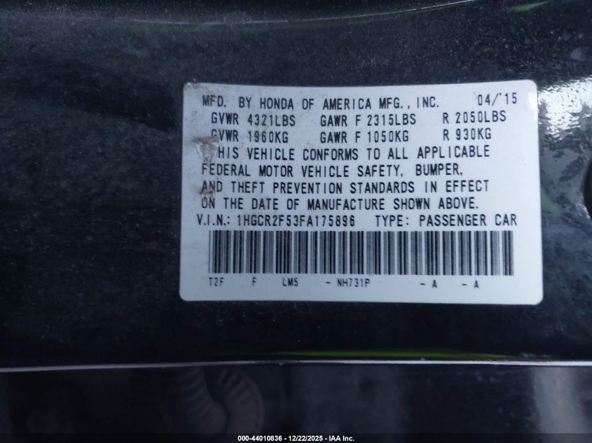 2015 Honda Accord Sport VIN: 1HGCR2F53FA175896 Lot: 44010836