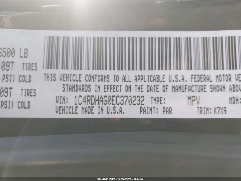 2014 Dodge Durango Sxt VIN: 1C4RDHAG0EC370232 Lot: 44010912