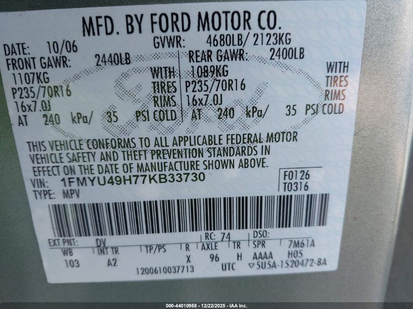 2007 Ford Escape Hybrid VIN: 1FMYU49H77KB33730 Lot: 44010958