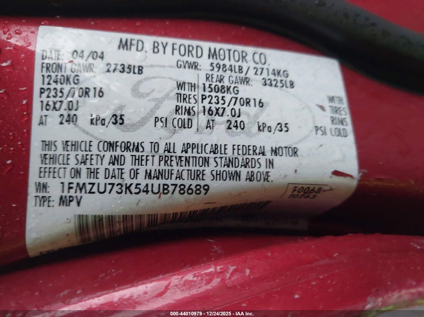 2004 Ford Explorer Nbx/Xlt VIN: 1FMZU73K54UB78689 Lot: 44010979