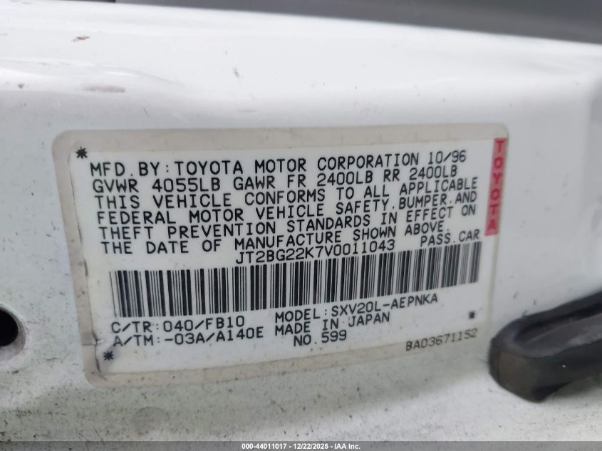 1997 Toyota Camry Le VIN: JT2BG22K7V0011043 Lot: 44011017