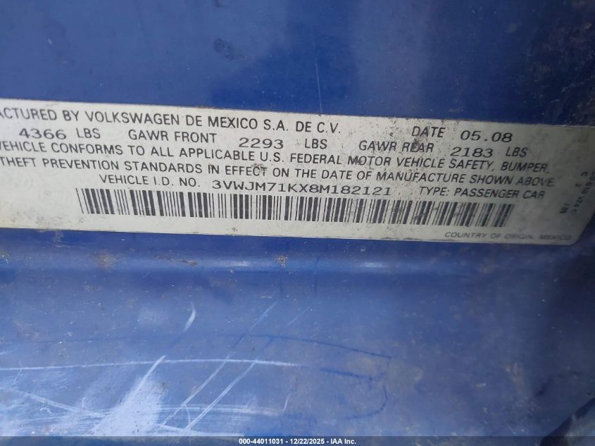 2008 Volkswagen Jetta S VIN: 3VWJM71KX8M182121 Lot: 44011031