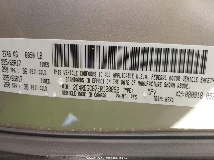 2014 Dodge Grand Caravan Sxt VIN: 2C4RDGCG7ER128892 Lot: 44011047