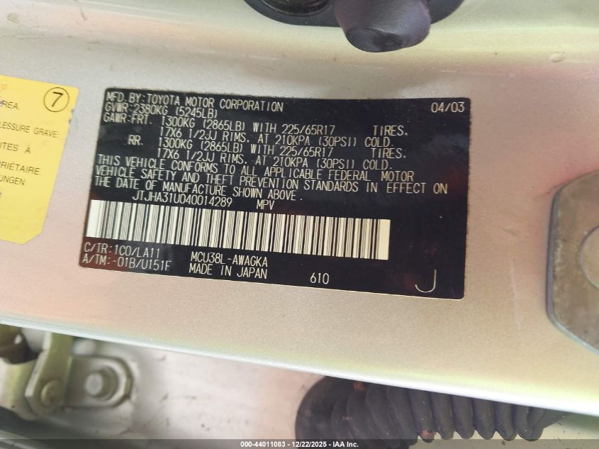 2004 Lexus Rx 330 VIN: JTJHA31U040014289 Lot: 44011083