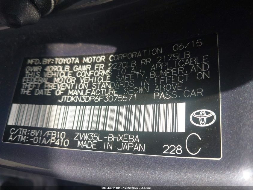 2015 Toyota Prius Plug-In VIN: JTDKN3DP6F3075571 Lot: 44011101