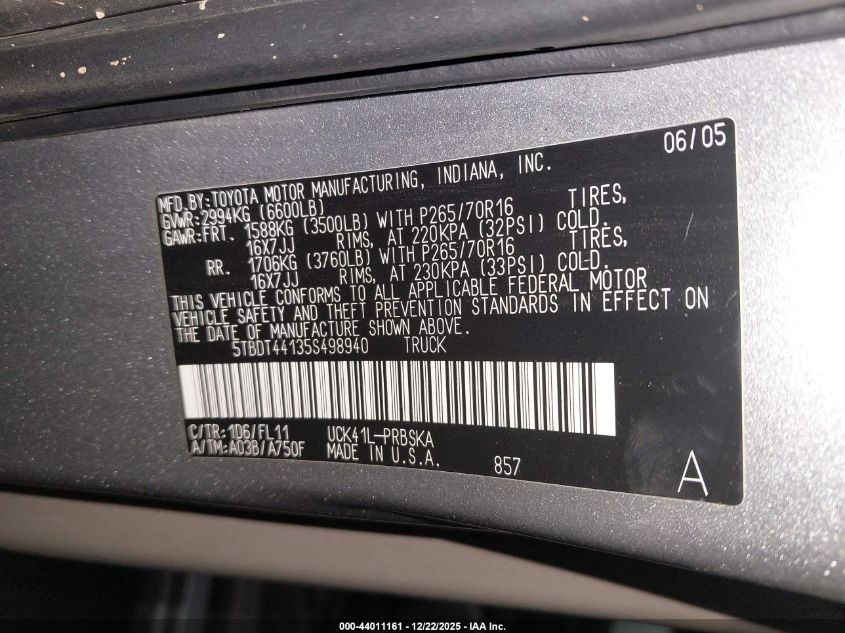 2005 Toyota Tundra Sr5 V8 VIN: 5TBDT44135S498940 Lot: 44011161