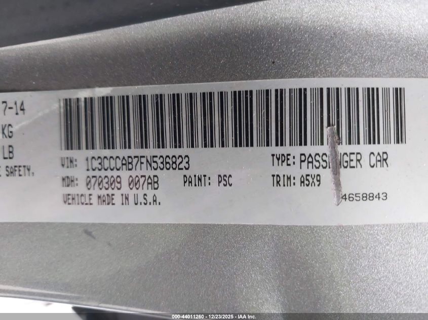 2015 Chrysler 200 Limited VIN: 1C3CCCAB7FN536823 Lot: 44011260