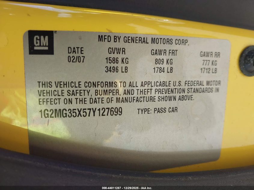 2007 Pontiac Solstice Gxp VIN: 1G2MG35X57Y127699 Lot: 44011287