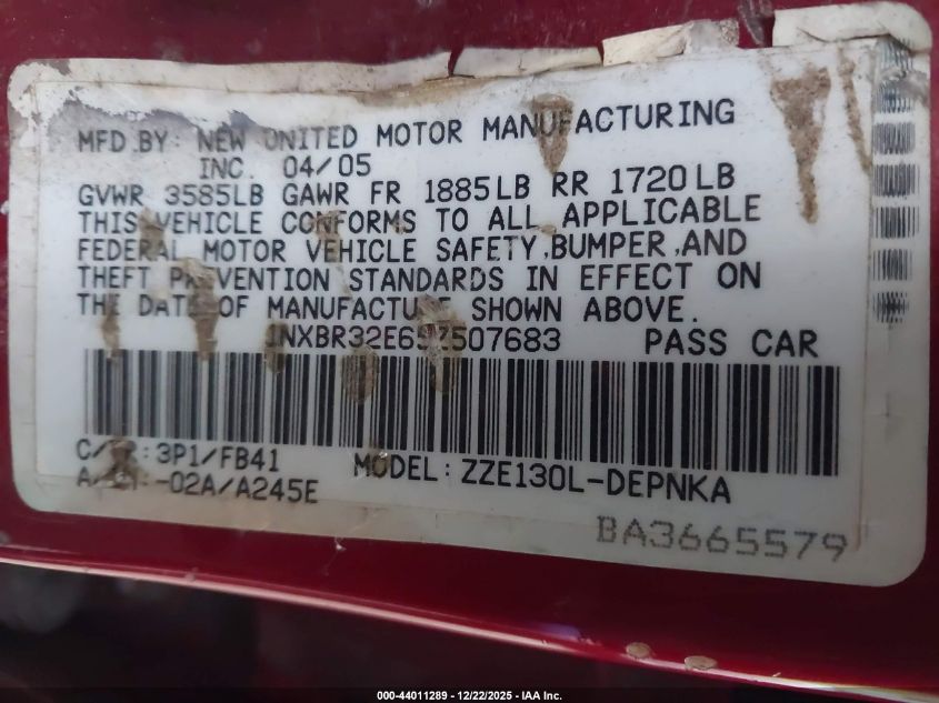 2005 Toyota Corolla Le VIN: 1NXBR32E65Z507683 Lot: 44011289