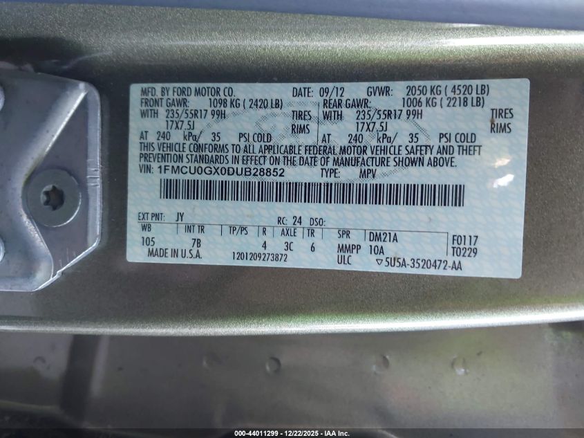 2013 Ford Escape Se VIN: 1FMCU0GX0DUB28852 Lot: 44011299