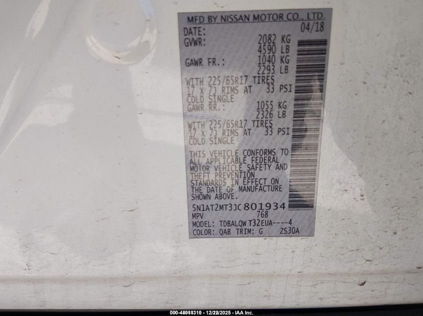 2018 Nissan Rogue Sv VIN: 5N1AT2MT3JC801934 Lot: 44011310