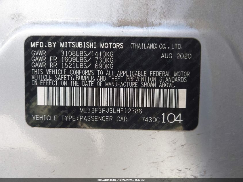 2020 Mitsubishi Mirage G4 Es VIN: ML32F3FJ3LHF12386 Lot: 44011346