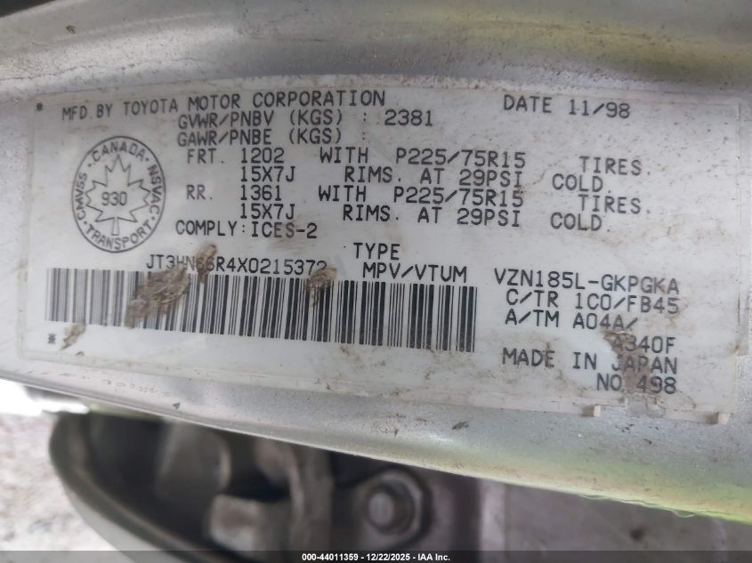 1999 Toyota 4Runner Sr5 V6 VIN: JT3HN86R4X0215372 Lot: 44011359
