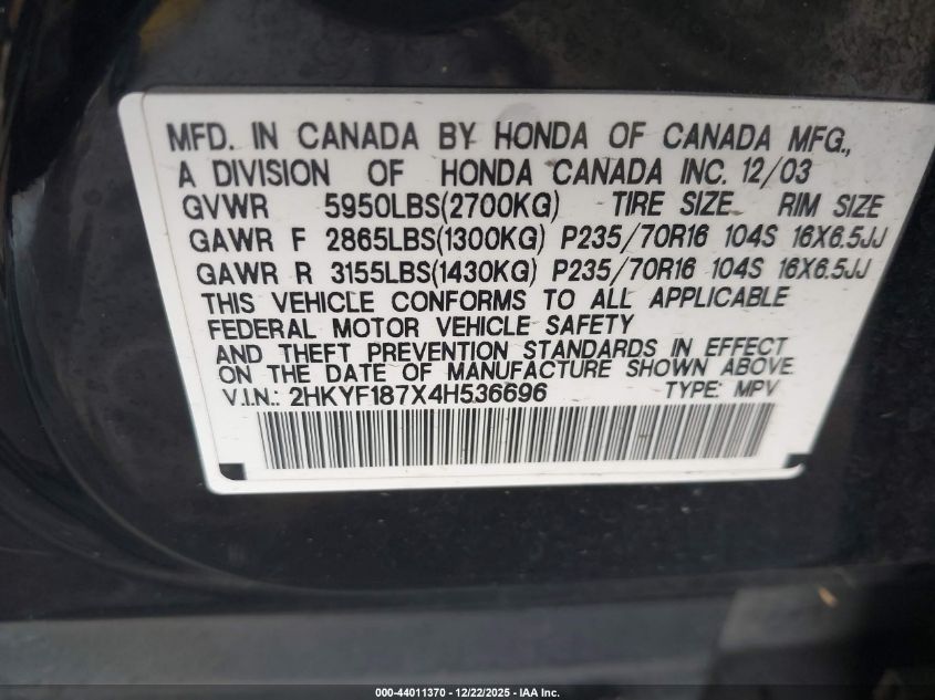 2004 Honda Pilot Ex-L VIN: 2HKYF187X4H536696 Lot: 44011370