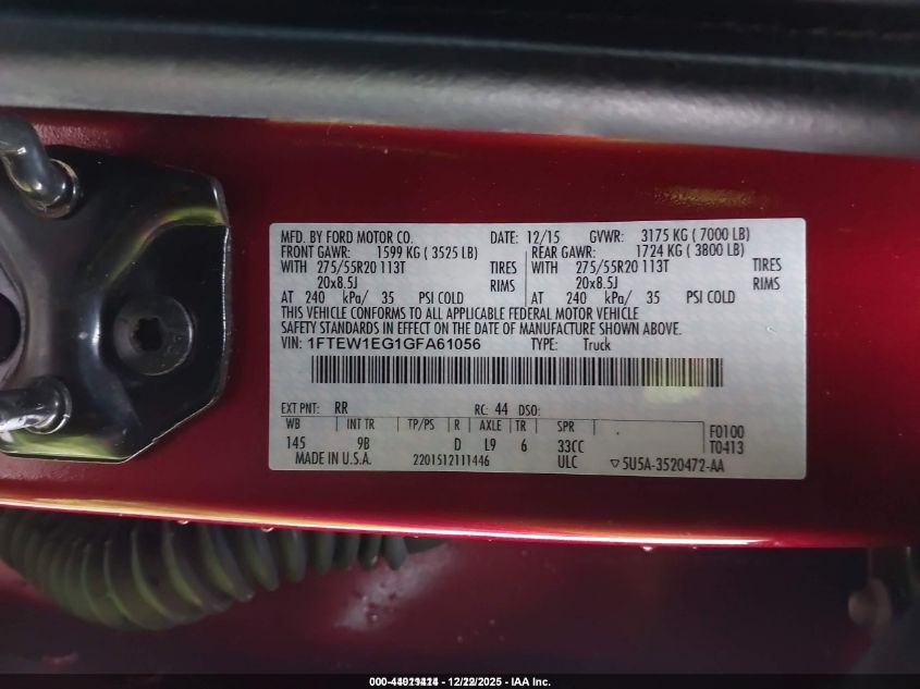 2016 Ford F-150 Platinum VIN: 1FTEW1EG1GFA61056 Lot: 44011414